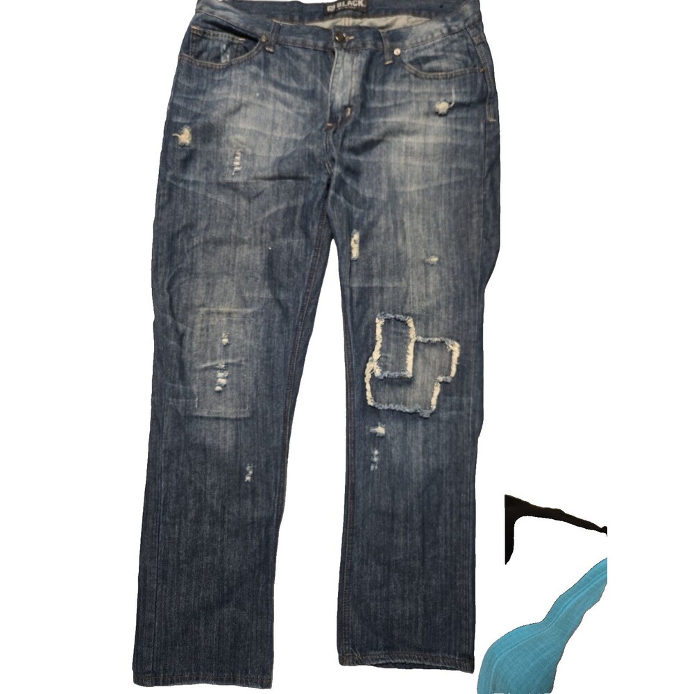 CJ BLACK Men’s Distressed Patched Blue Slim Straight Denim fits 38x30